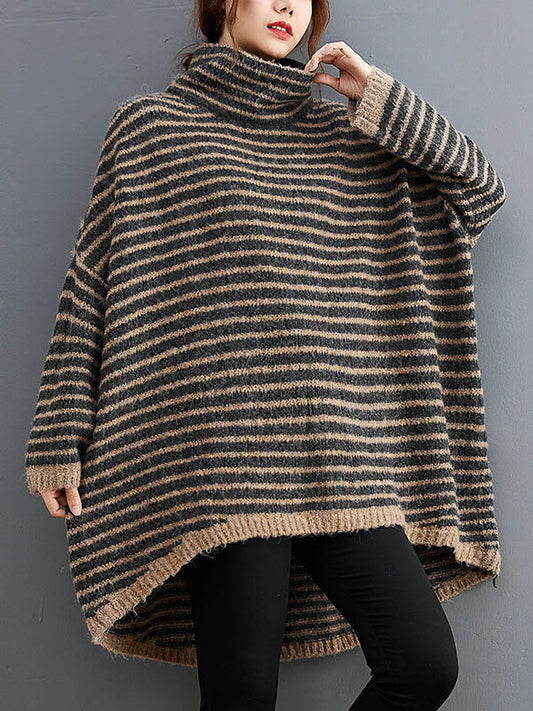 xakxx xakxx-Loose Striped High-Low Heaps Collar Long Sleeves Knitwear