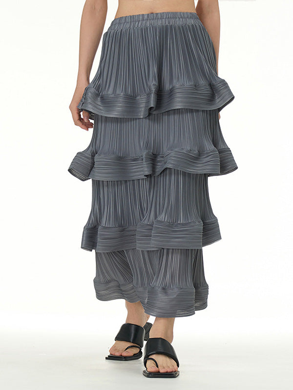 xakxx Loose Elasticity Layered Pleated Ruffled Solid Color Skirts Bottoms