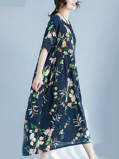 xakxx A-Line Loose Flower Print Round-Neck Midi Dresses