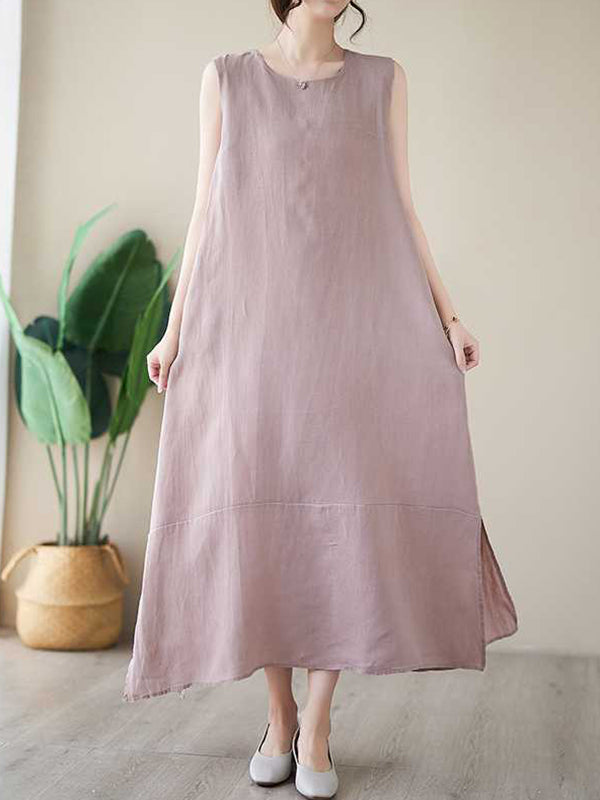 xakxx A-Line Loose Solid Color Round-Neck Midi Dresses