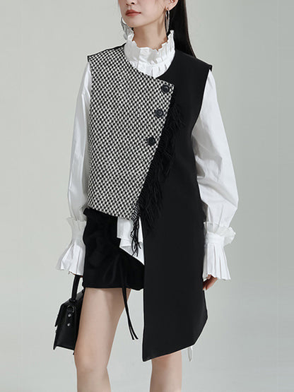 xakxx Ruffle Sleeves Sleeveless Asymmetric Buttoned Houndstooth Vest Outerwear