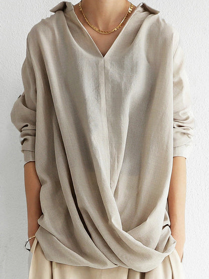 xakxx Loose Ramie Cotton Asymmetric Solid Color Blouse Top