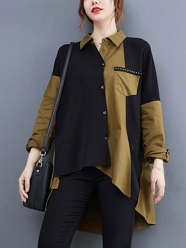 xakxx Artistic Retro Loose Split-Joint With Pocket Buttoned Lapel Collar Long Sleeves False Two Blouse