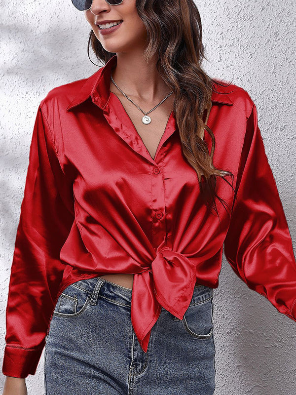 xakxx Long Sleeves Loose Solid Color Lapel Blouses&Shirts Tops