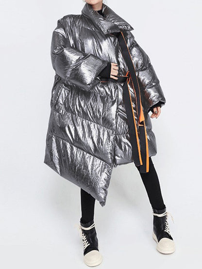 xakxx Long Sleeves Loose Asymmetric Keep Warm Tied Velvet High Neck Padded Coat Padded Coat/Down Coat