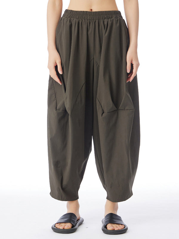 xakxx Harem Pants Loose Elasticity Pleated Solid Color Split-Joint Cropped Trousers Pants