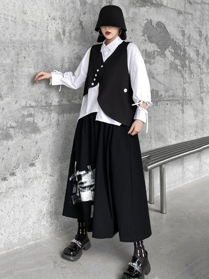 xakxx Original Loose Lace-Up Hollow Sleeve Blouse+Black Vest+Wide Leg Pants Culotte Three Pieces Set