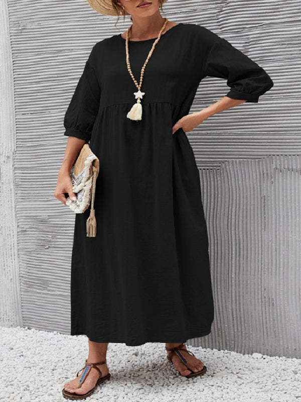 xakxx 11 Colors Simple Round-Neck Solid Color Midi Dress