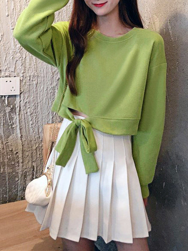 xakxx High Waisted Long Sleeves Asymmetric Bowknot Hollow Solid Color Round-Neck Sweatshirt Tops