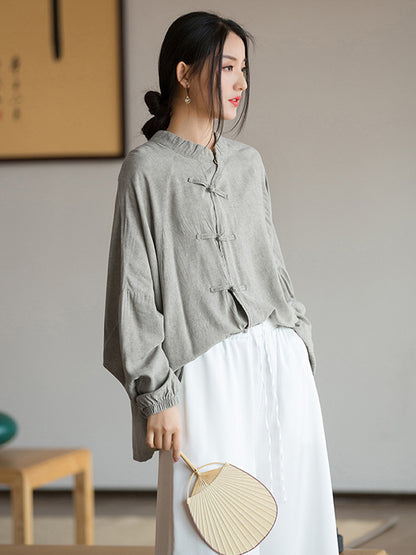 xakxx Artistic Retro Loose Long Sleeves Buttoned Solid Color Stand Collar Blouses&Shirts Tops