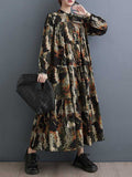 xakxx A-Line Long Sleeves Pleated Printed Split-Joint Round-Neck Midi Dresses