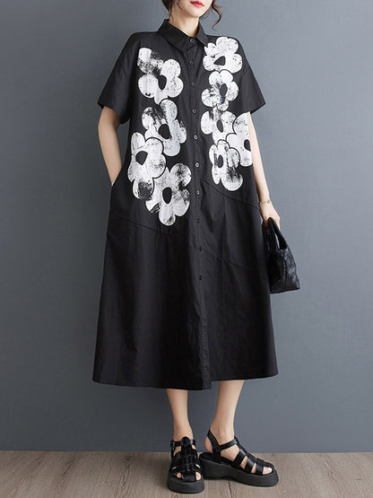 xakxx A-Line Loose Asymmetric Buttoned Flower Print Lapel Midi Dresses Shirt Dress