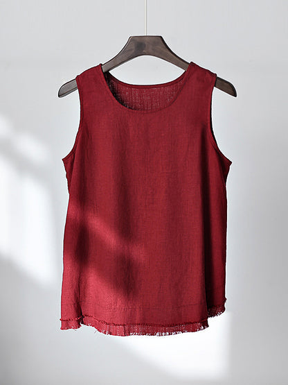 xakxx Loose Sleeveless Fringed Solid Color Round-Neck Vest Top