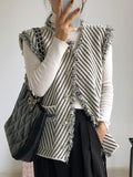 xakxx Loose Sleeveless Buttoned Fringed Pockets Striped V-Neck Vest Outerwear