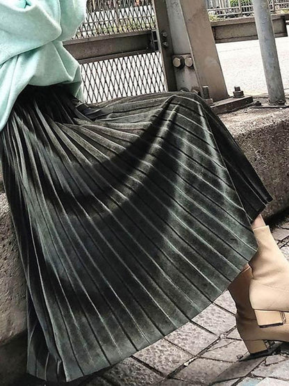 xakxx Solid Color High-Waist Pleated A-Line Skirt