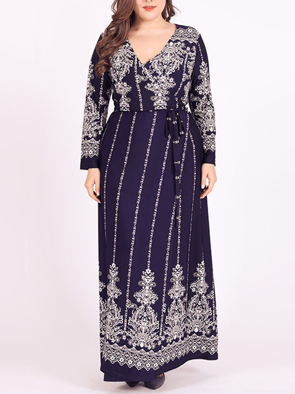 xakxx Long Sleeves Floral Printed Split-Joint V-Neck Maxi Dresses Plus Dresses