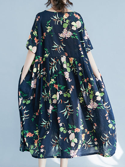 xakxx A-Line Loose Flower Print Round-Neck Midi Dresses