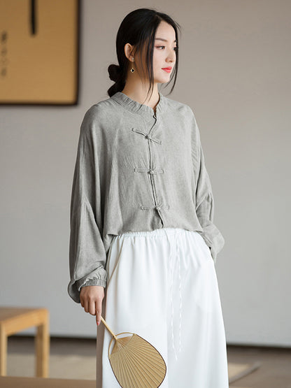 xakxx Artistic Retro Loose Long Sleeves Buttoned Solid Color Stand Collar Blouses&Shirts Tops