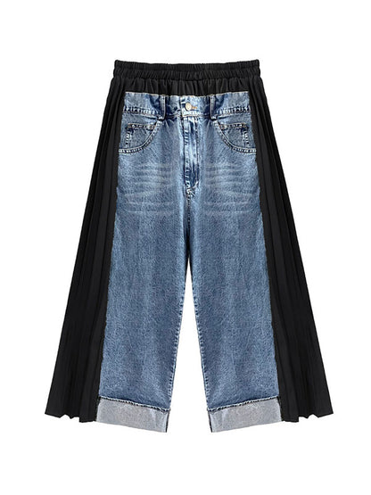 xakxx Loose Ninth Pants Contrast Color Pleated Split-Joint Wide Leg Jean Pants Bottoms