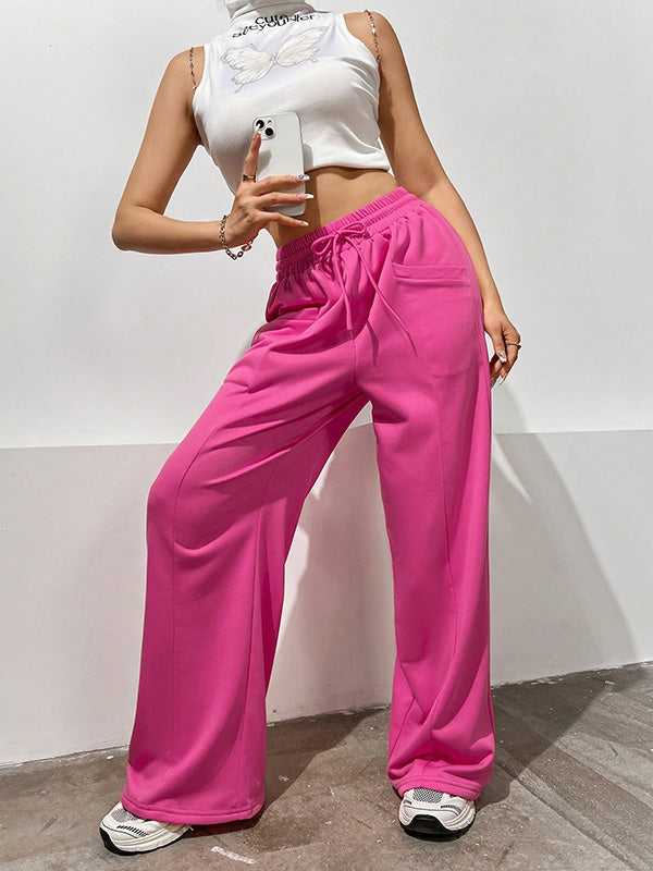 xakxx High Waisted Loose Drawstring Elasticity Solid Color Pants Trousers