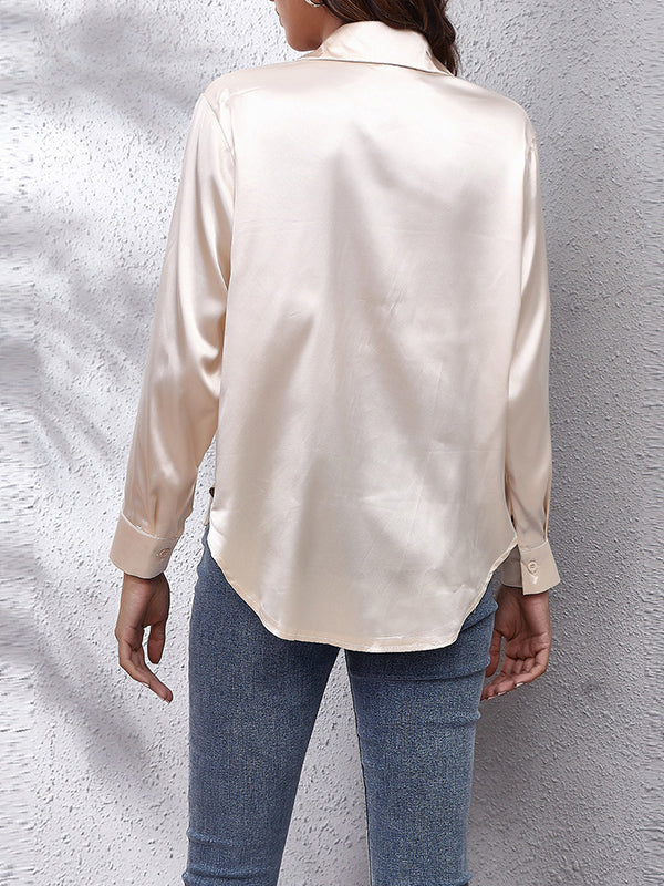 xakxx Long Sleeves Loose Solid Color Lapel Blouses&Shirts Tops