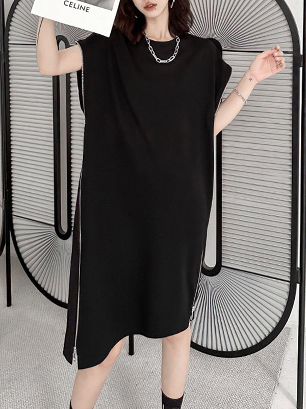 xakxx Loose Short Sleeves Asymmetric Zipper Round-Neck Dresses Midi Dresses