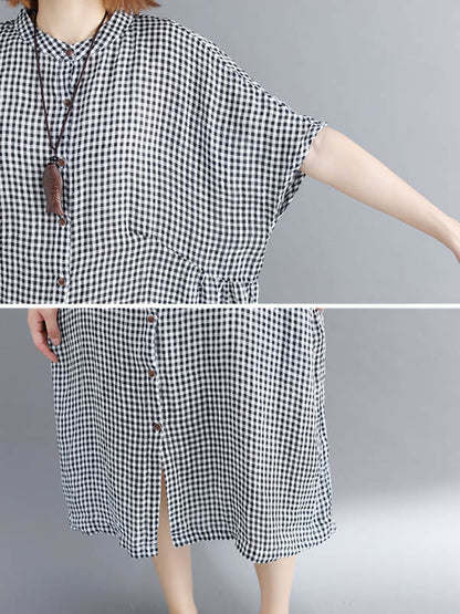 xakxx Artistic Retro Loose Split-Joint Plaid Buttoned Stand Collar Half Sleeves Midi Dress