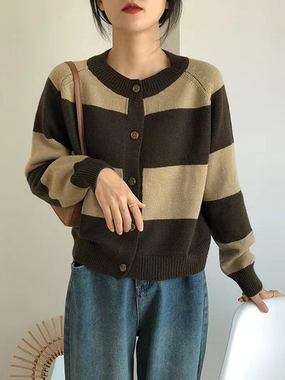 xakxx Casual Buttoned Contrast Color Striped Cardigan Tops