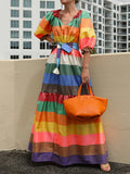 xakxx Puff Sleeves Belted Multi-Colored Split-Joint Striped V-Neck Maxi Dresses