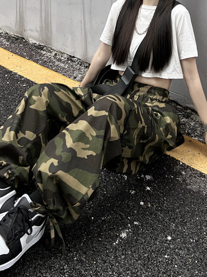 xakxx Hip-Hop Wide Leg Drawstring Camouflage  Pants