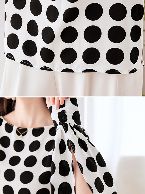 xakxx Long Sleeves Loose Polka-Dot Round-Neck Blouses&Shirts Tops