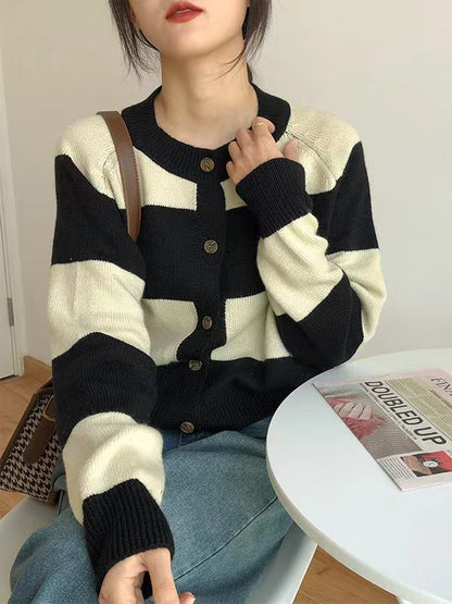 xakxx Casual Buttoned Contrast Color Striped Cardigan Tops