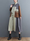 xakxx Vintage Loose Long Sleeves Contrast Color Polo Midi Dresses