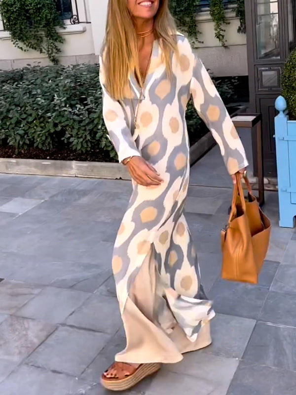 xakxx Long Sleeves Loose Printed V-Neck Maxi Dresses