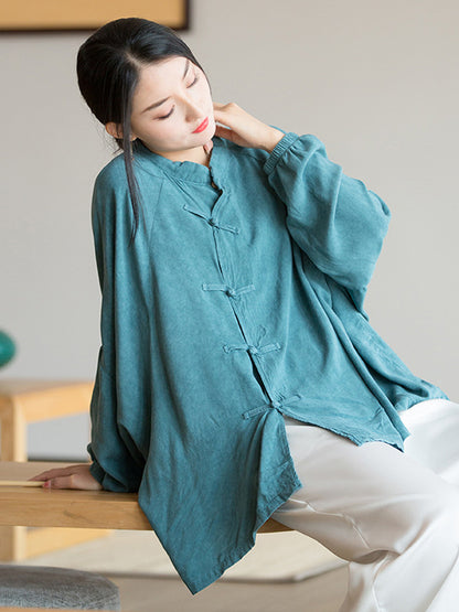 xakxx Artistic Retro Loose Long Sleeves Buttoned Solid Color Stand Collar Blouses&Shirts Tops