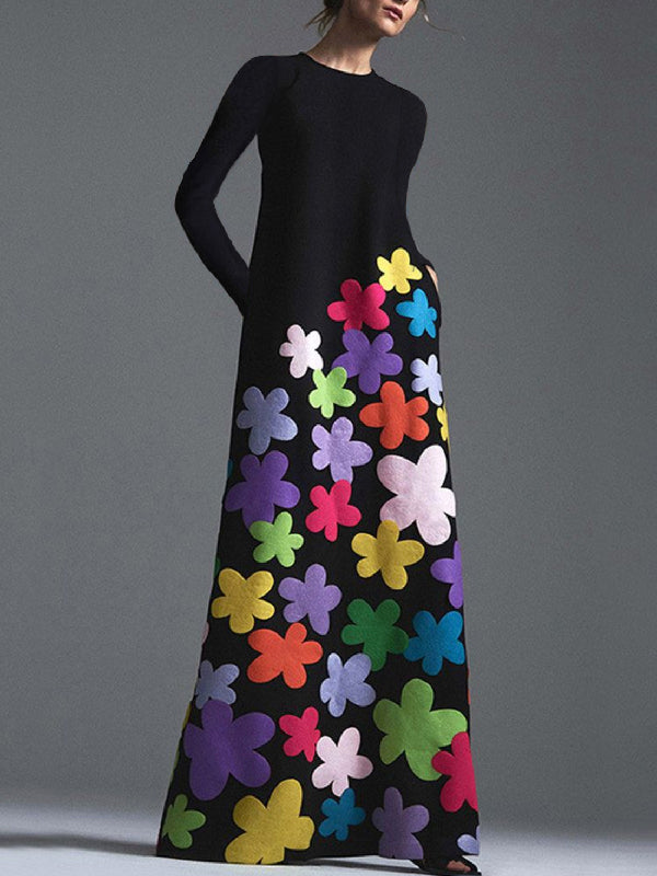 xakxx Long Sleeves Asymmetric Floral Round-Neck Maxi Dresses