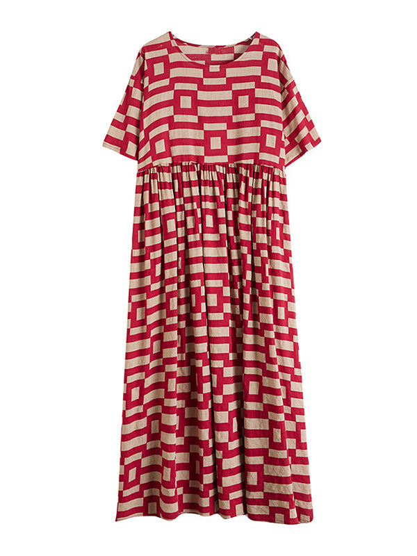 xakxx Loose Short Sleeves Plaid Round-Neck Midi Dresses