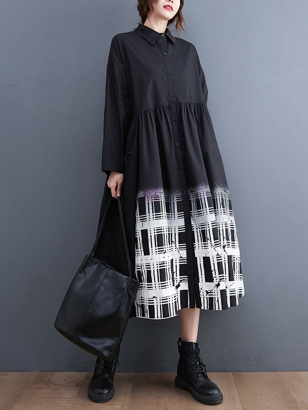 xakxx A-Line Long Sleeves Buttoned Gradient Plaid Lapel Midi Dresses