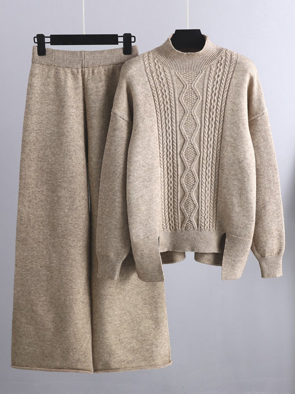 xakxx Urban Loose Split-Side Half Turtleneck Sweater Tops& Wide Leg Pants Two Pieces Set