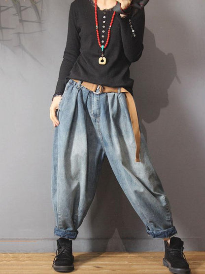 xakxx Vintage Denim Loose Elastic Waist Bloomers Pants