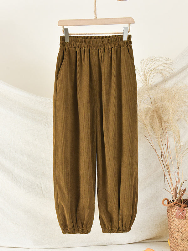 xakxx Loose Solid Color Corduroy Casual Ninth Pants Bottoms