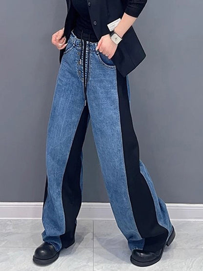 xakxx Loose Straight Leg Buttoned Contrast Color Drawstring Elasticity Split-Joint Pants Trousers