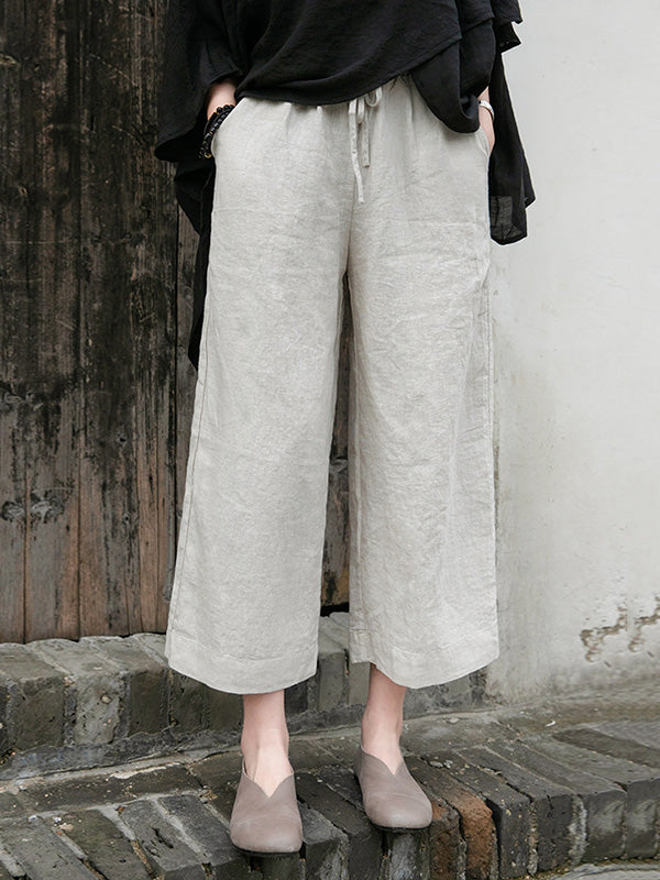 xakxx Simple Linen Column Elasticity Waist Pants