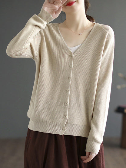 xakxx Long Sleeves Loose Solid Color V-Neck Cardigan Tops