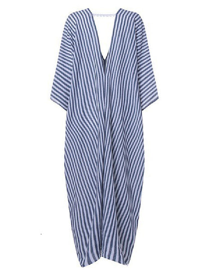 xakxx Batwing Sleeves Loose Striped V-Back Deep V-Neck Maxi Dresses