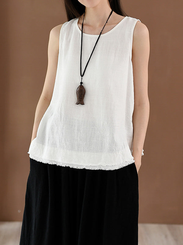 xakxx Loose Sleeveless Fringed Solid Color Round-Neck Vest Top