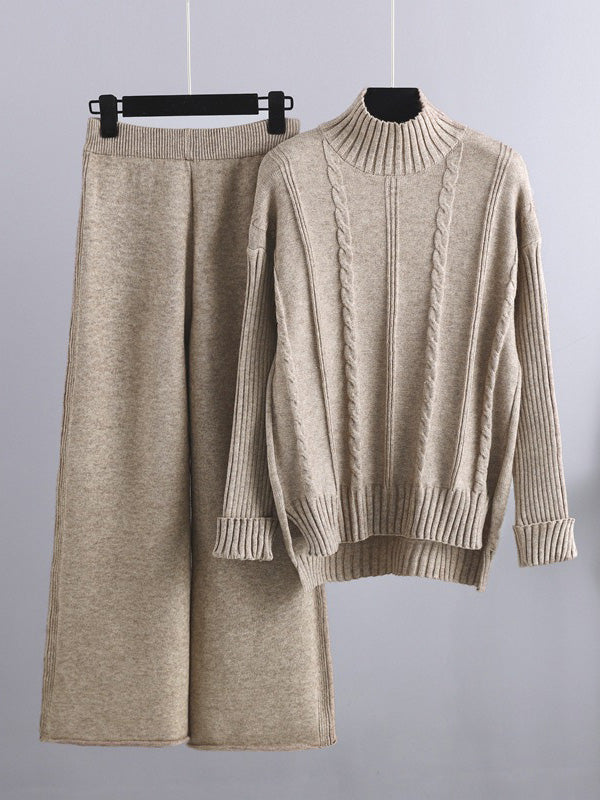 xakxx Loose Long Sleeves Split-Side Solid High-Low Half Turtleneck Sweater Tops & Wide Leg Pants Two Pieces Set