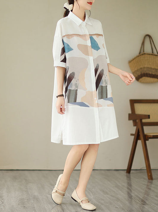 xakxx Loose Short Sleeves Printed Split-Joint Split-Side Lapel Midi Dresses