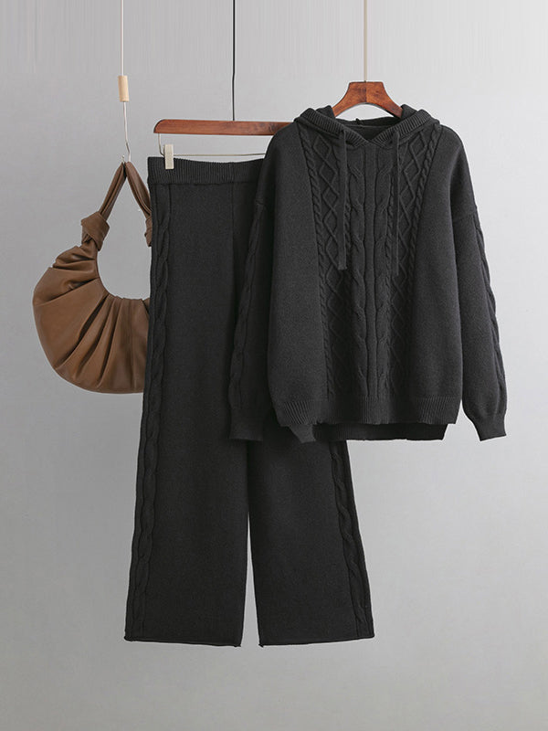 xakxx Urban Loose Solid Color Hooded High-Low Sweater Tops & Wide Leg Pants Two Pieces Set