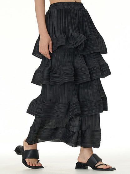 xakxx Loose Elasticity Layered Pleated Ruffled Solid Color Skirts Bottoms